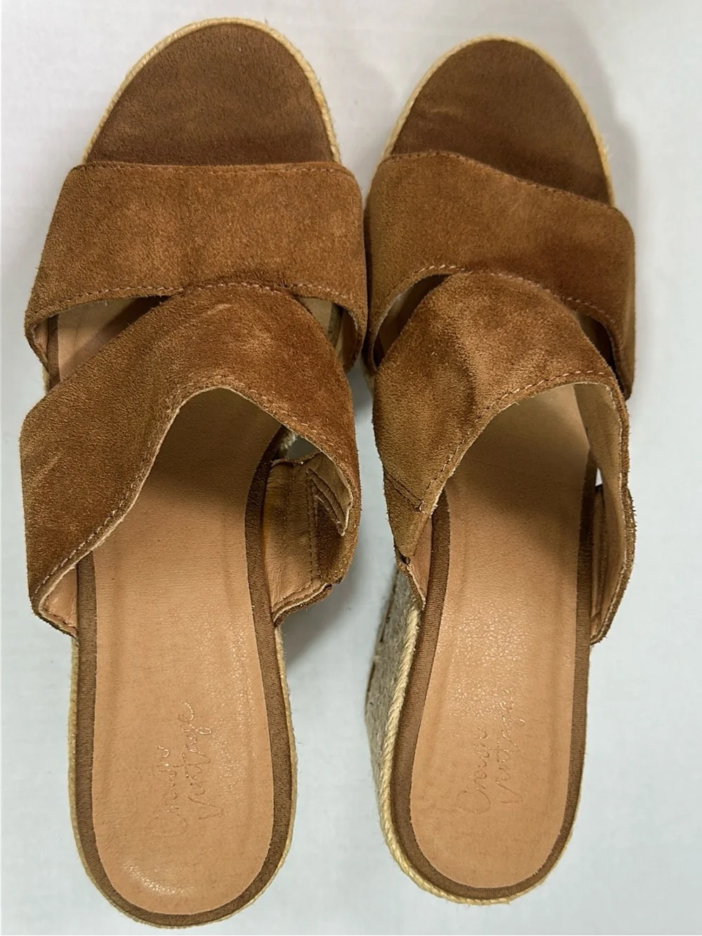 Crown Tan Suede Espadrille Platform Wedge Size 10